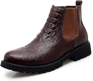 HOOENG Chelsea Boots for Men Crocodile Print Elastic Bandage Cowhide Leather Waterproof Slip on Wearable Non Slip Casual (Color : Brown, Size : 7)