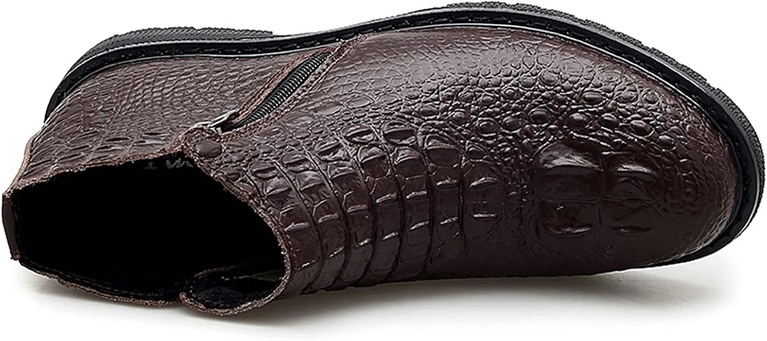 HOOENG Chelsea Boots for Men Double Side Zip Crocodile Print Cowhide Leather Non Slip on Anti-Slip Fashion