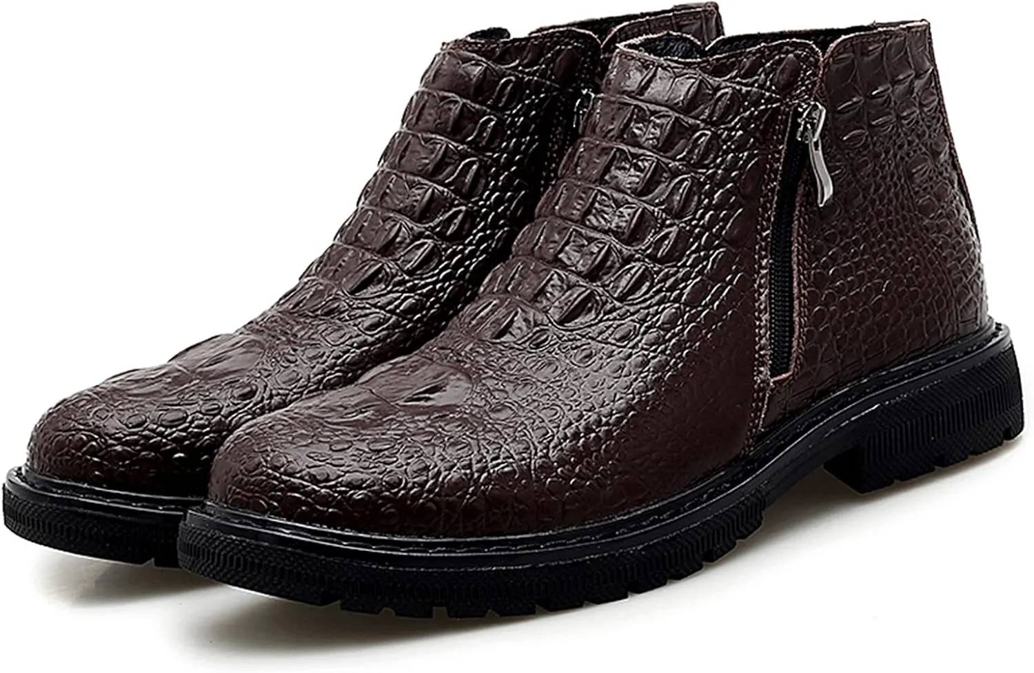 HOOENG Chelsea Boots for Men Double Side Zip Crocodile Print Cowhide Leather Non Slip on Anti-Slip Fashion