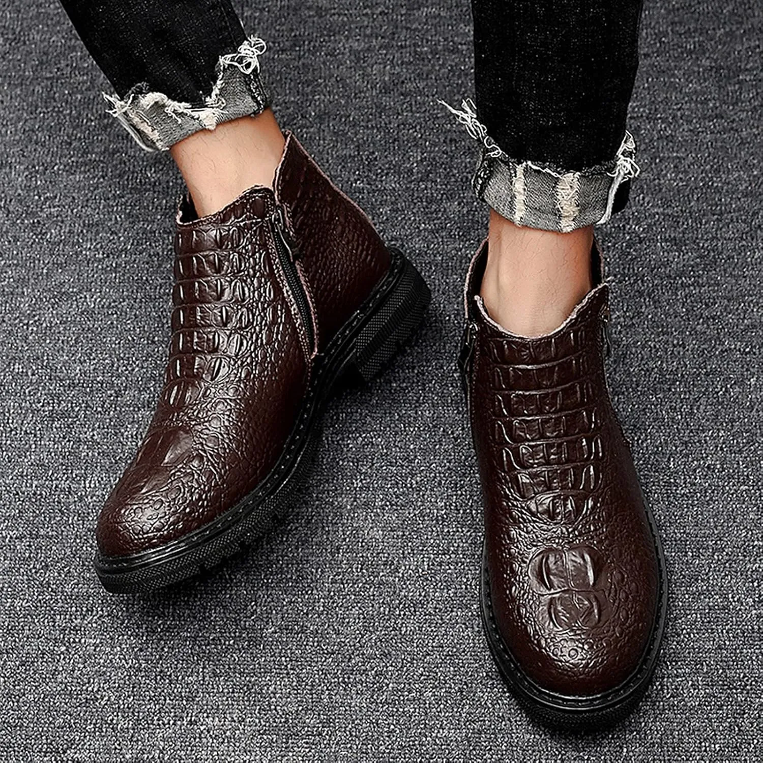 HOOENG Chelsea Boots for Men Double Side Zip Crocodile Print Cowhide Leather Non Slip on Anti-Slip Fashion