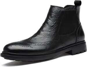 HOOENG Chelsea Boots for Men Elastic Bandage Carved Brogue Win Tip Crocodile Print Cowhide Leather Non Slip Wearable Anti-Slip Slip on Formal (Color : Black Lined, Size : 6.5)