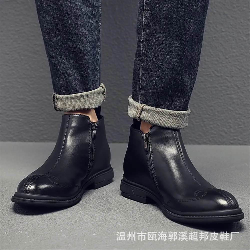 HOOENG Round Toe Ankle Boots for Men Carved Brogue Elastic Bandage Cowhide Leather Slip on Waterproof Wearable Work