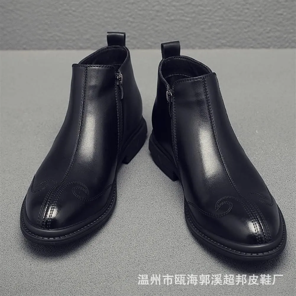 HOOENG Round Toe Ankle Boots for Men Carved Brogue Elastic Bandage Cowhide Leather Slip on Waterproof Wearable Work