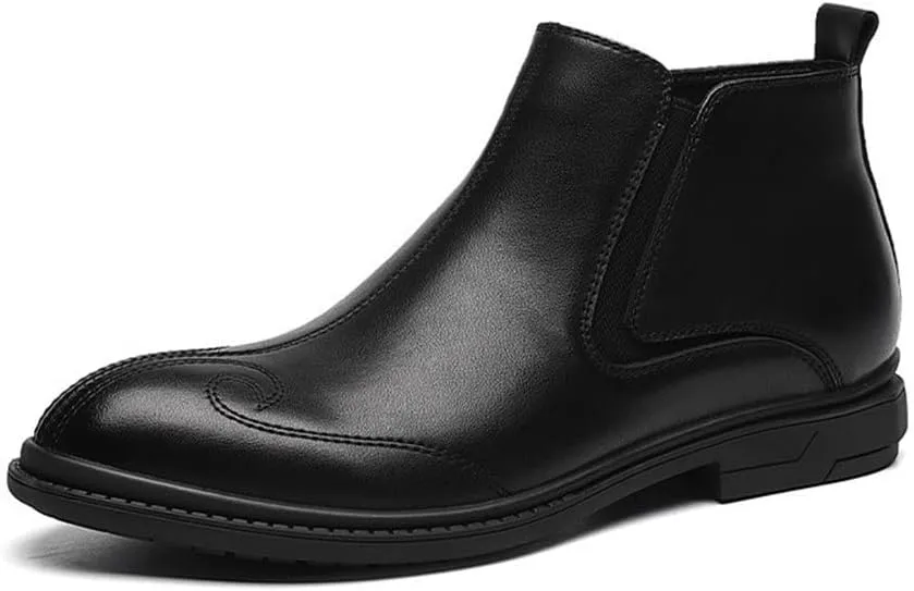 HOOENG Round Toe Ankle Boots for Men Carved Brogue Elastic Bandage Cowhide Leather Slip on Waterproof Wearable Work