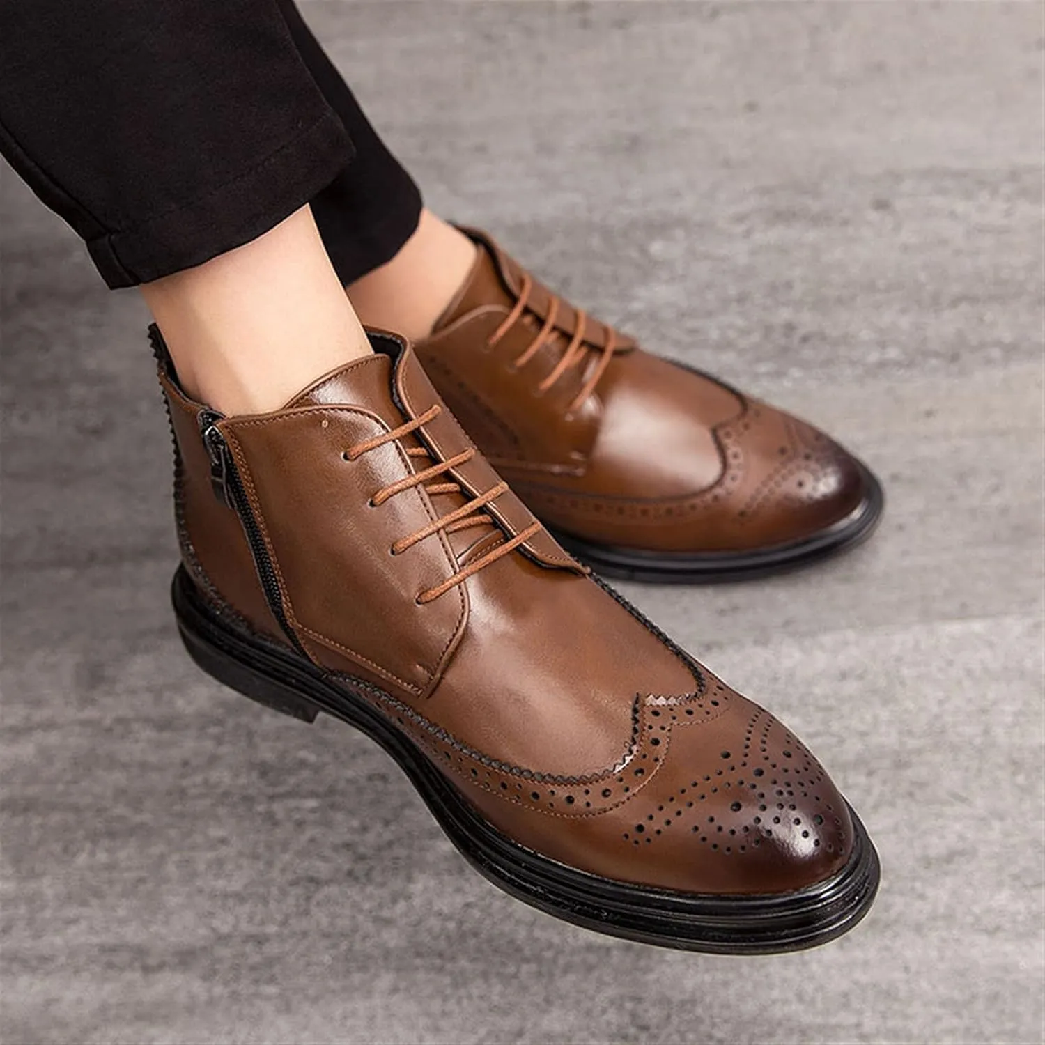 HOOENG Round Toe Lace Up Boots for Men Carved Brogue Win Tip Side Zip Vegan Leather Anti-Slip Waterproof Block Heel Classic Casual