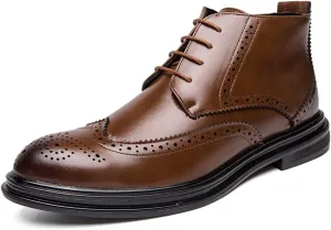 HOOENG Round Toe Lace Up Boots for Men Carved Brogue Win Tip Side Zip Vegan Leather Anti-Slip Waterproof Block Heel Classic Casual