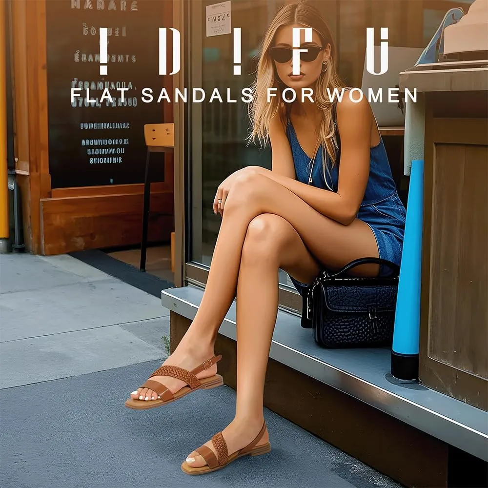 IDIFU Flat Braided Strappy Sandals for Women Square Open Toe Slingback with Buckle Adjustable Back Strap Women's Summer Beach Wedding Comfortable Cute Dressy Tendy Dress Sandals for Ladies Brides