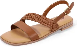 IDIFU Flat Braided Strappy Sandals for Women Square Open Toe Slingback with Buckle Adjustable Back Strap Women's Summer Beach Wedding Comfortable Cute Dressy Tendy Dress Sandals for Ladies Brides