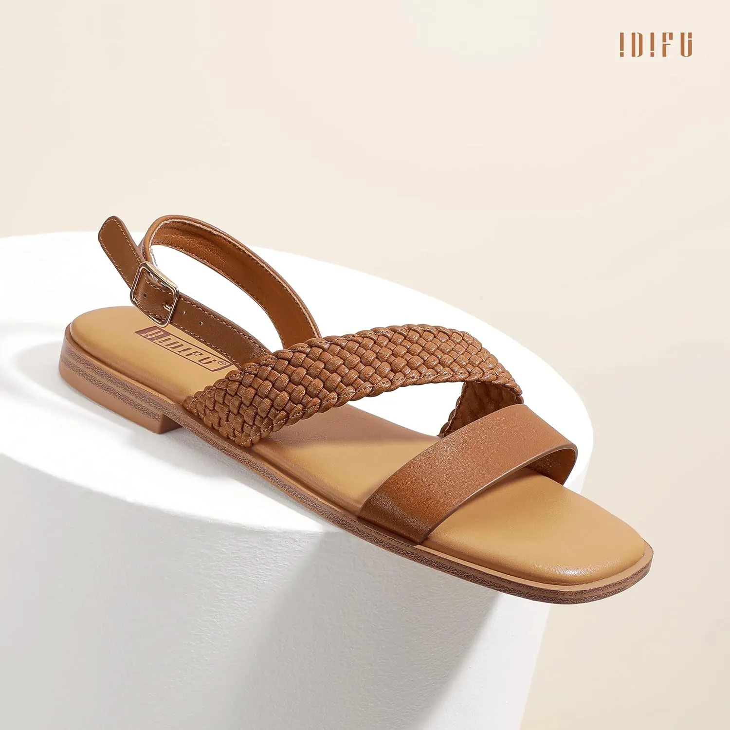 IDIFU Flat Braided Strappy Sandals for Women Square Open Toe Slingback with Buckle Adjustable Back Strap Women's Summer Beach Wedding Comfortable Cute Dressy Tendy Dress Sandals for Ladies Brides