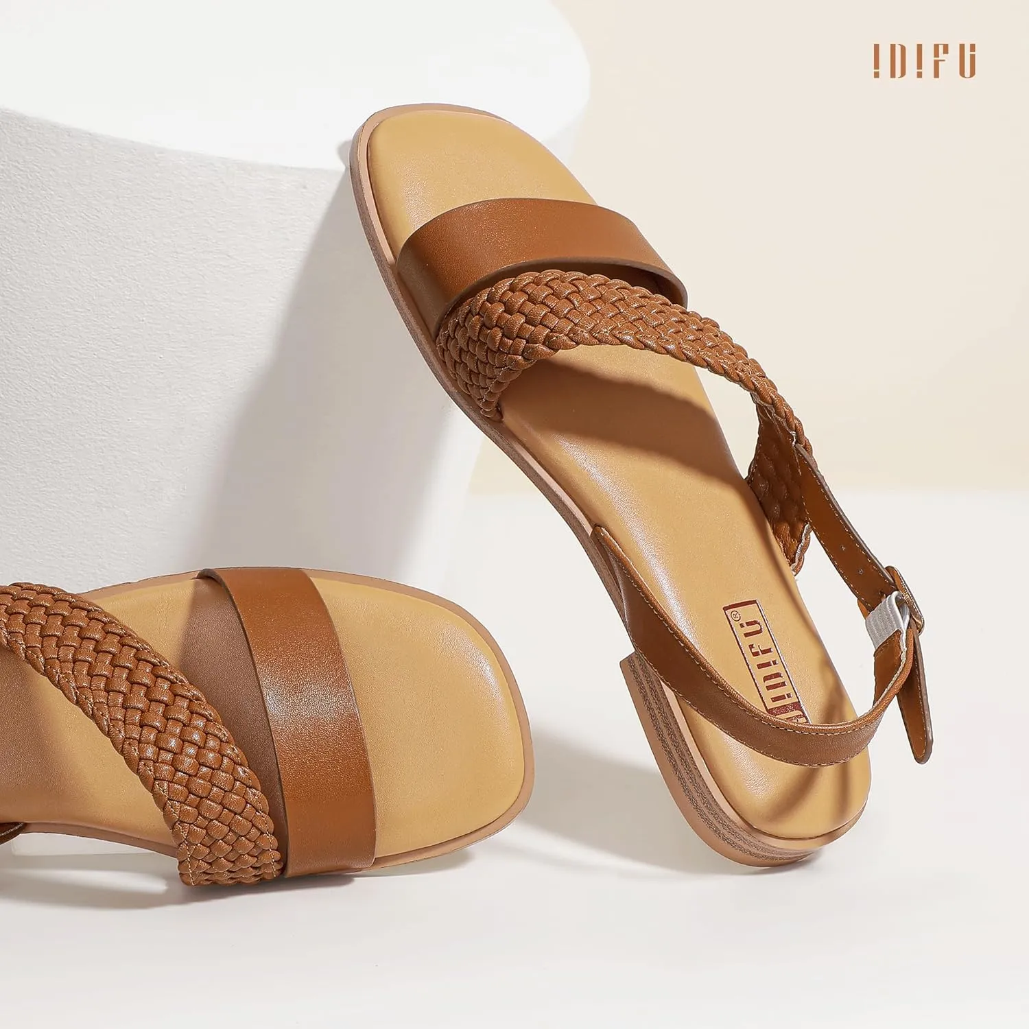IDIFU Flat Braided Strappy Sandals for Women Square Open Toe Slingback with Buckle Adjustable Back Strap Women's Summer Beach Wedding Comfortable Cute Dressy Tendy Dress Sandals for Ladies Brides