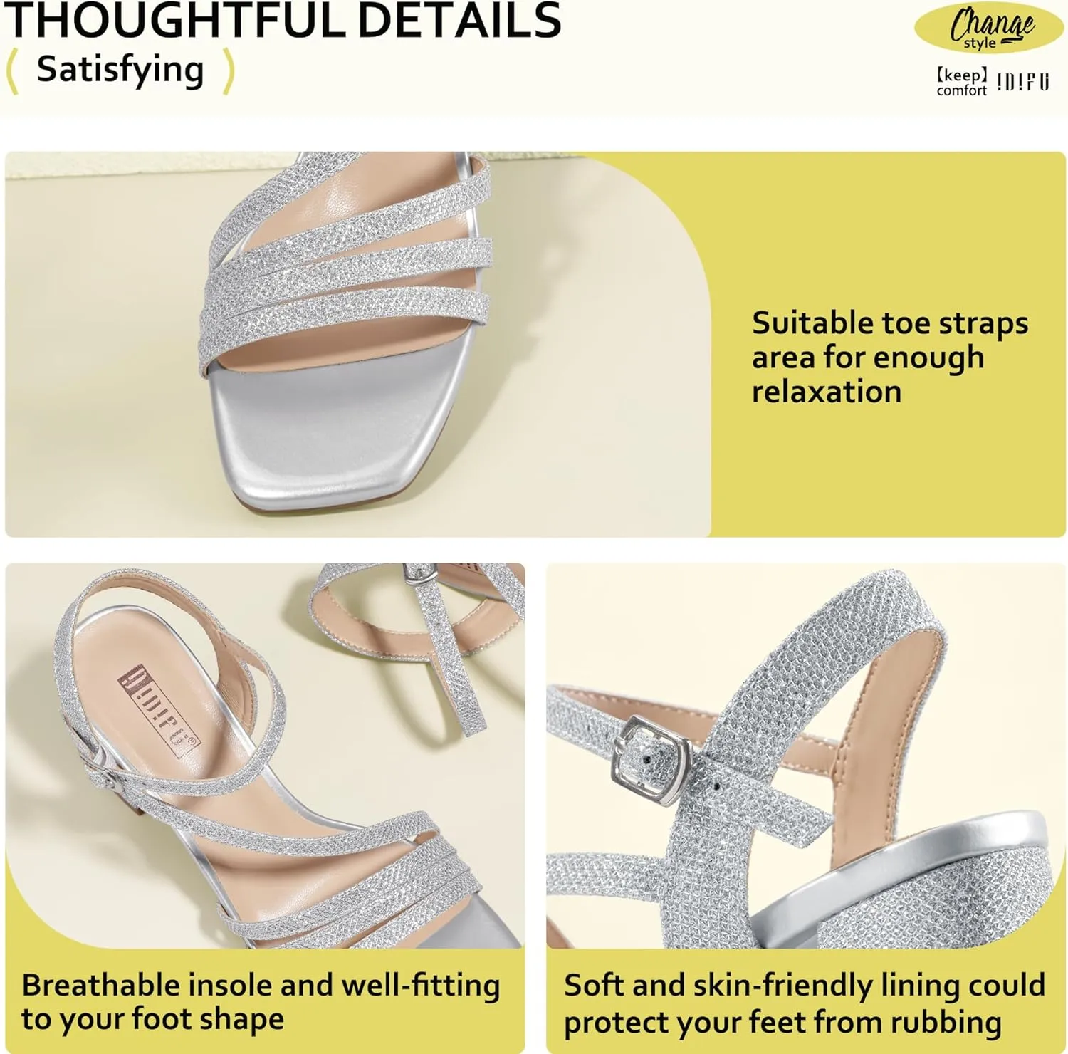 IDIFU IN3 Strappy Heels for Women Chunky Block Heels Square Toe Low Heels Wedding Prom Bride Bridal Party Dress Shoes for Women Comfortable Dressy Cute Trendy Heeled Sandals Short Thick Slingback Heels
