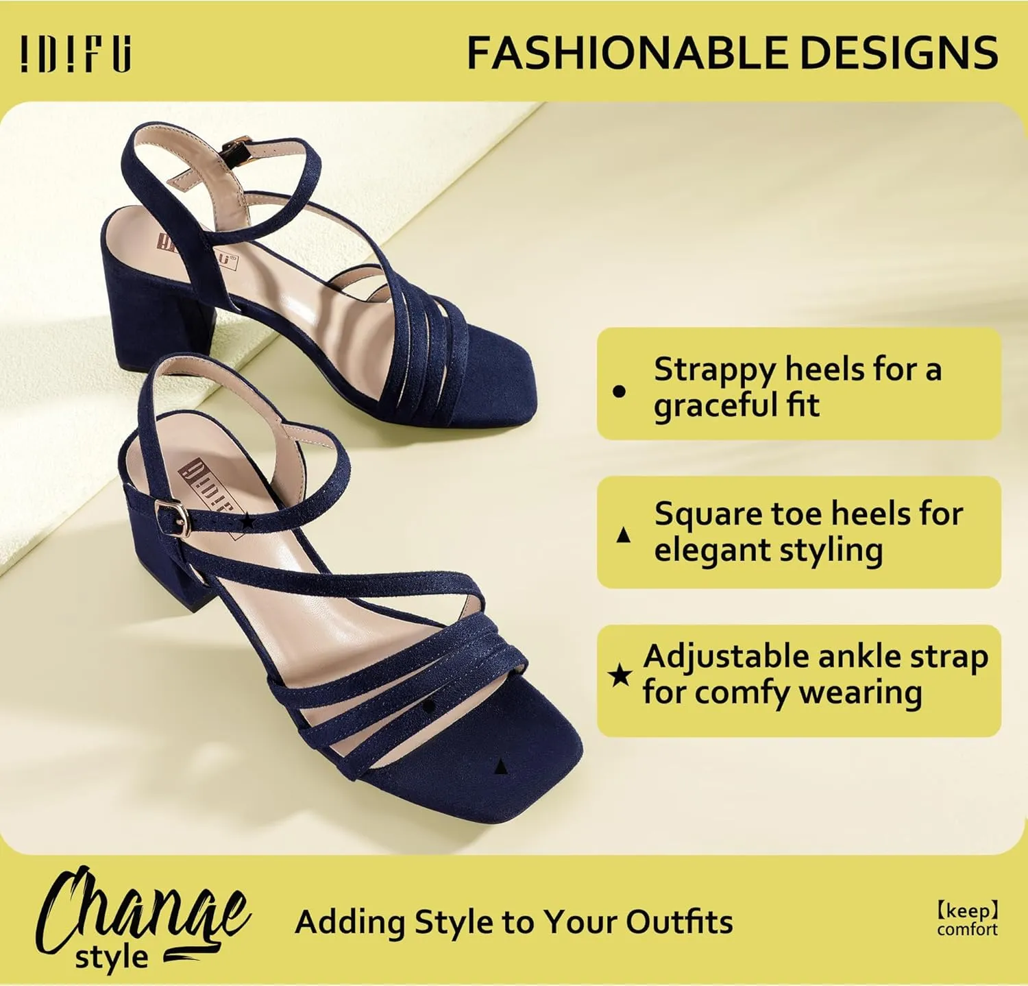 IDIFU IN3 Strappy Heels for Women Chunky Block Heels Square Toe Low Heels Wedding Prom Bride Bridal Party Dress Shoes for Women Comfortable Dressy Cute Trendy Heeled Sandals Short Thick Slingback Heels