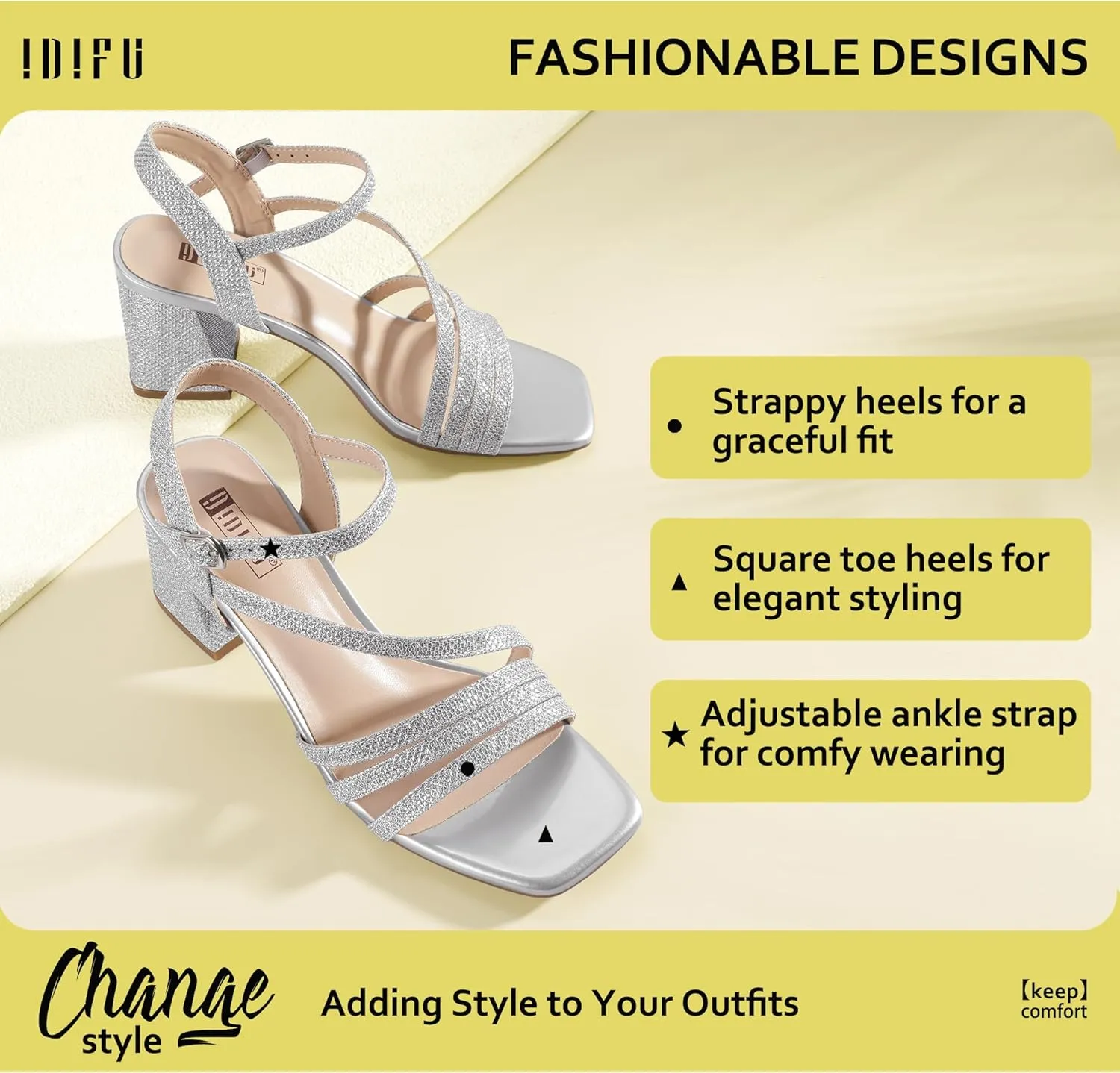 IDIFU IN3 Strappy Heels for Women Chunky Block Heels Square Toe Low Heels Wedding Prom Bride Bridal Party Dress Shoes for Women Comfortable Dressy Cute Trendy Heeled Sandals Short Thick Slingback Heels