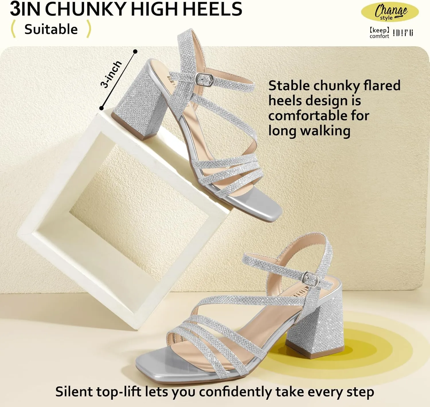 IDIFU IN3 Strappy Heels for Women Chunky Block Heels Square Toe Low Heels Wedding Prom Bride Bridal Party Dress Shoes for Women Comfortable Dressy Cute Trendy Heeled Sandals Short Thick Slingback Heels