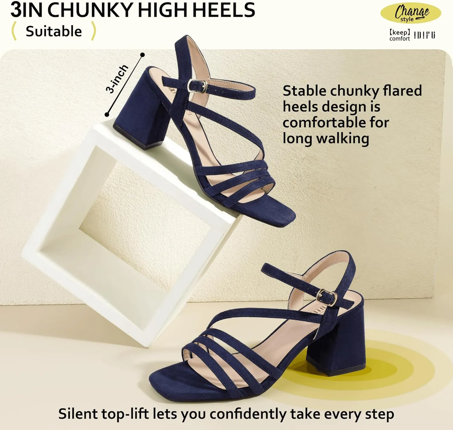 IDIFU IN3 Strappy Heels for Women Chunky Block Heels Square Toe Low Heels Wedding Prom Bride Bridal Party Dress Shoes for Women Comfortable Dressy Cute Trendy Heeled Sandals Short Thick Slingback Heels