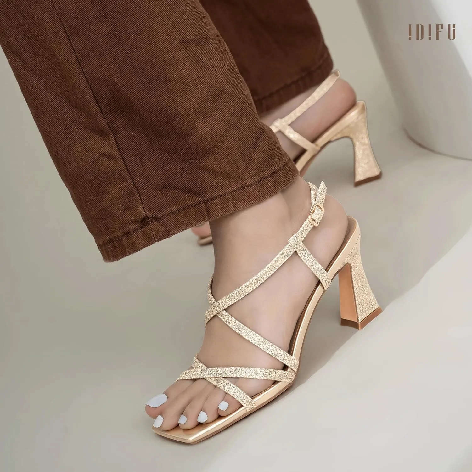 IDIFU IN3 Strappy Heels for Women Low Block Chunky Square Open Toe Kitten Heels Slingback Ankle Strap Dressy Wedding Bride Daily Party Comfortable Sexy Dress Shoes