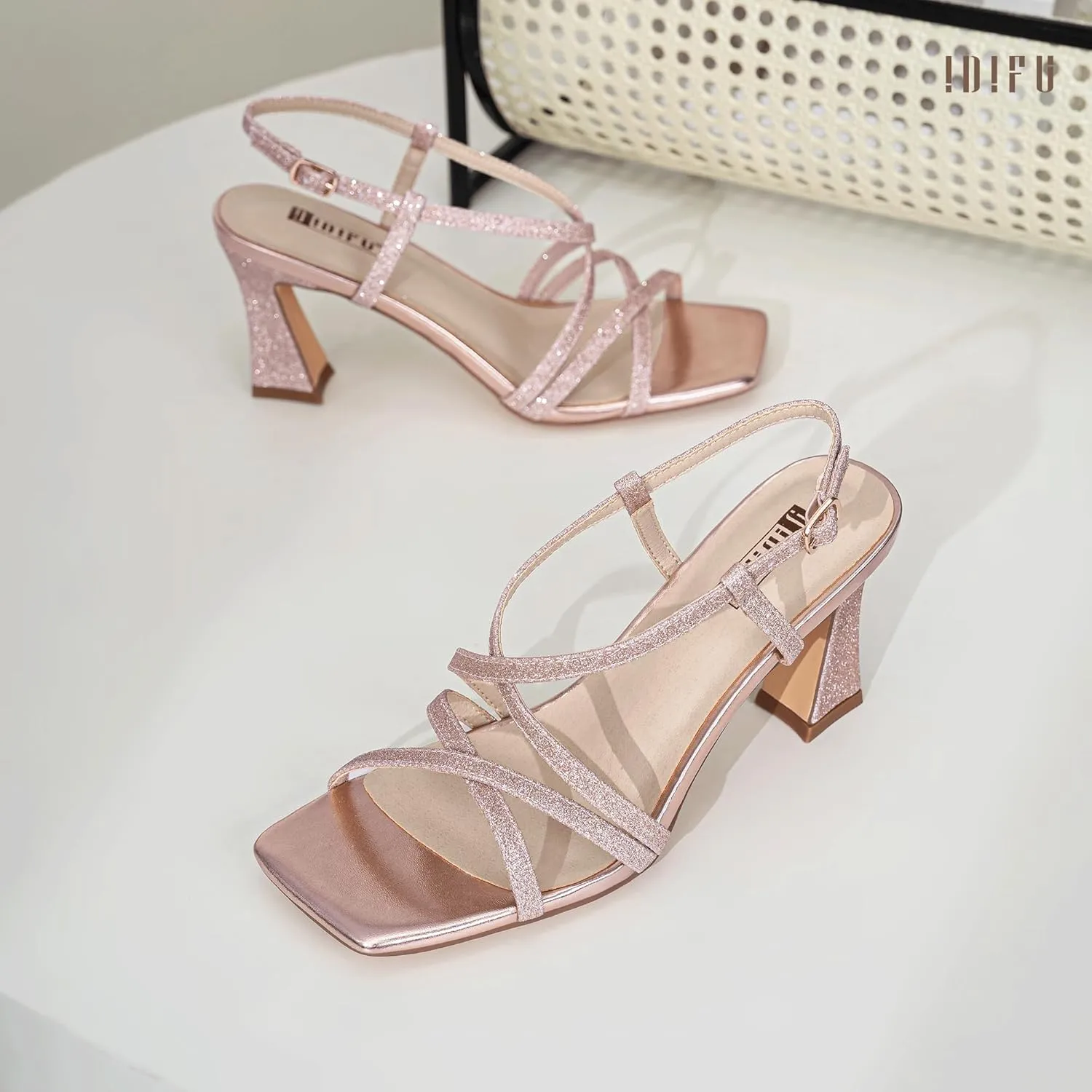 IDIFU IN3 Strappy Heels for Women Low Block Chunky Square Open Toe Kitten Heels Slingback Ankle Strap Dressy Wedding Bride Daily Party Comfortable Sexy Dress Shoes
