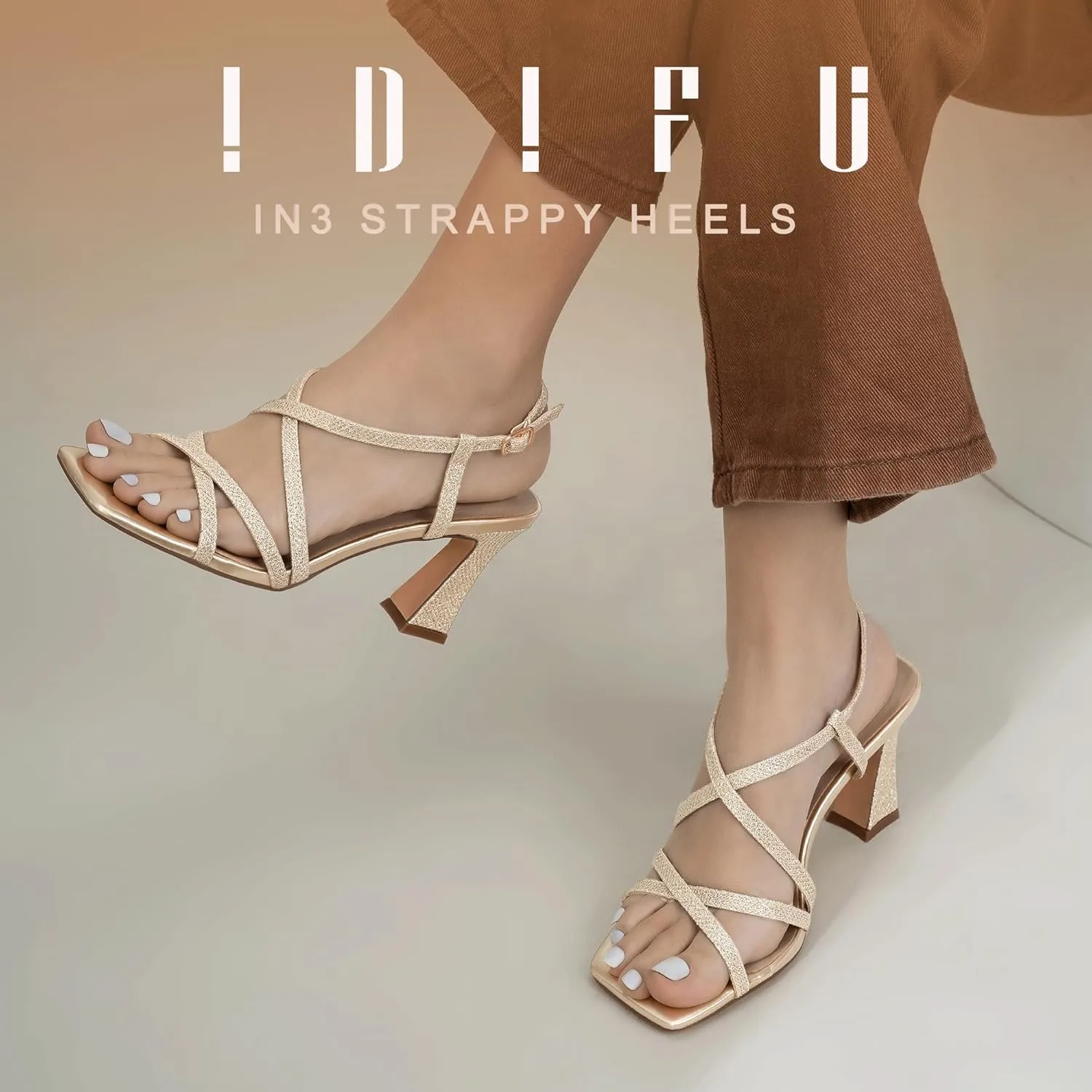 IDIFU IN3 Strappy Heels for Women Low Block Chunky Square Open Toe Kitten Heels Slingback Ankle Strap Dressy Wedding Bride Daily Party Comfortable Sexy Dress Shoes