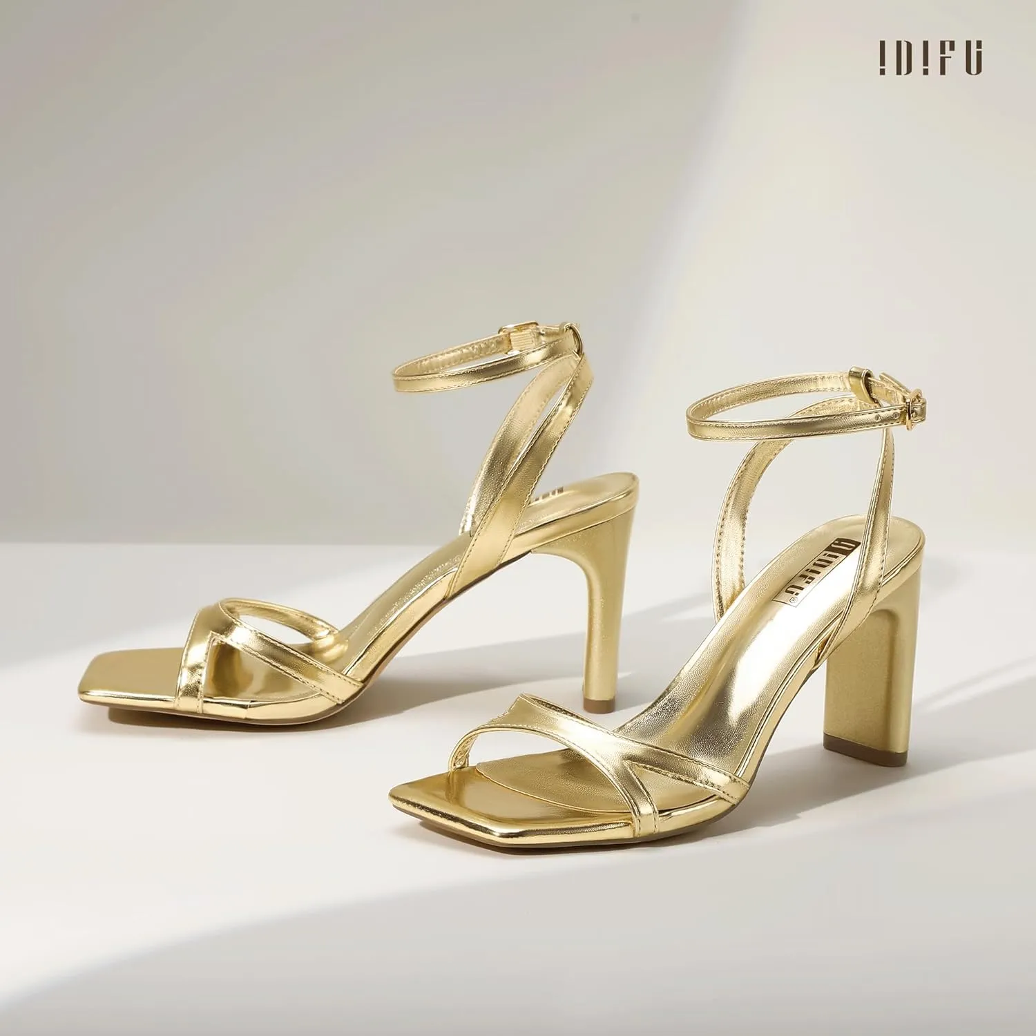 IDIFU IN3 Strappy Heels for Women Low Short Block Chunky Heeled Sandals Square Open Toe Cross Toe Straps Wedding Prom Graduation Dress Shoes Comfortable Cute Trendy Casual Ankle Strap Heels