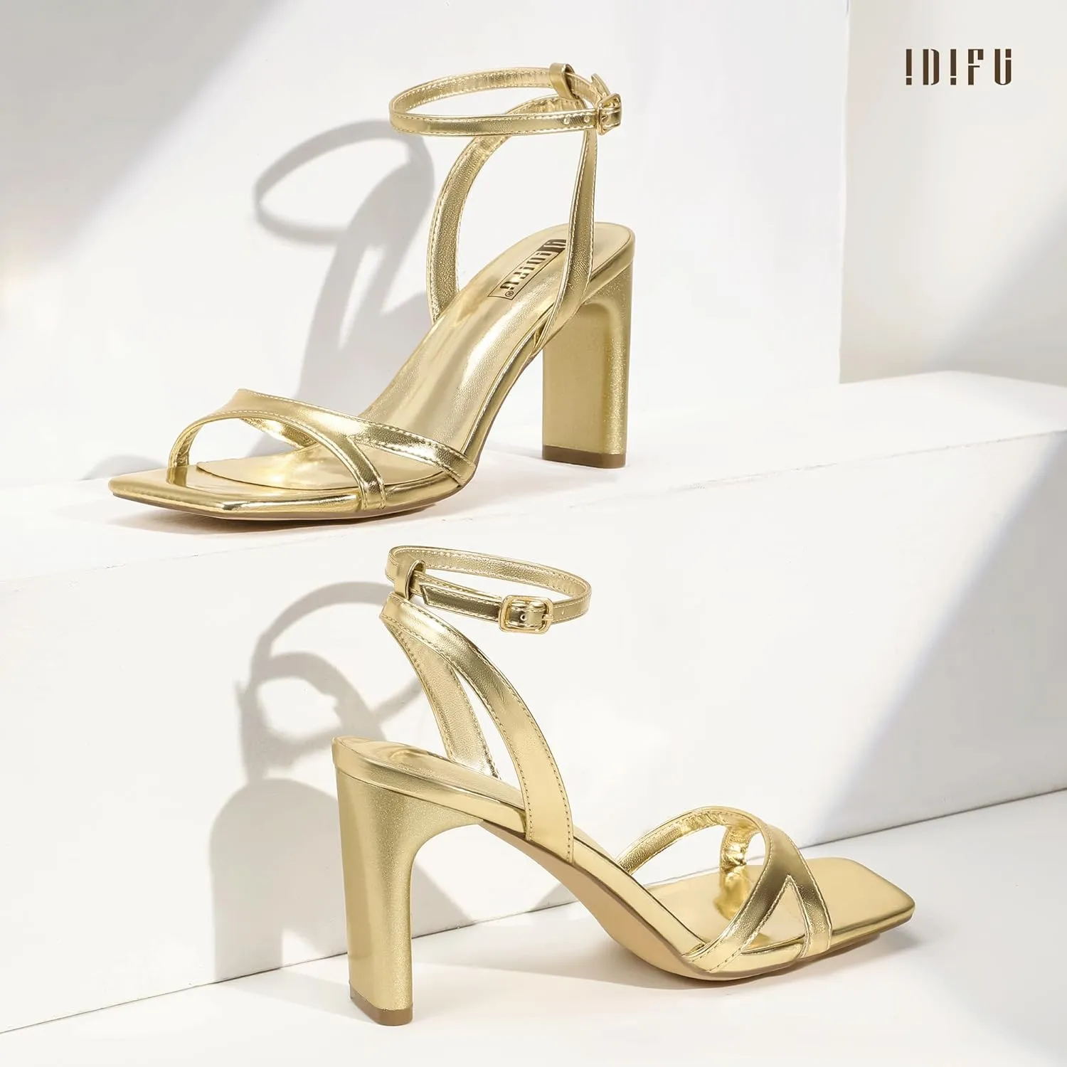 IDIFU IN3 Strappy Heels for Women Low Short Block Chunky Heeled Sandals Square Open Toe Cross Toe Straps Wedding Prom Graduation Dress Shoes Comfortable Cute Trendy Casual Ankle Strap Heels