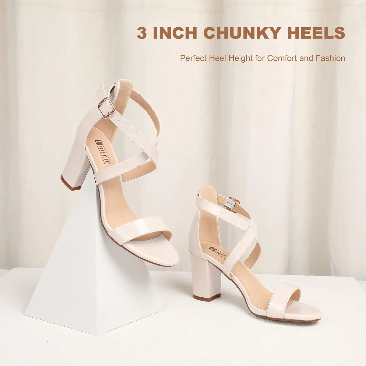 IDIFU Women's IN3 Grace Strappy Block Heels Sandals Comfy Open Toe Chunky Dress Wedding Shoes with Adjustable Cross Strap