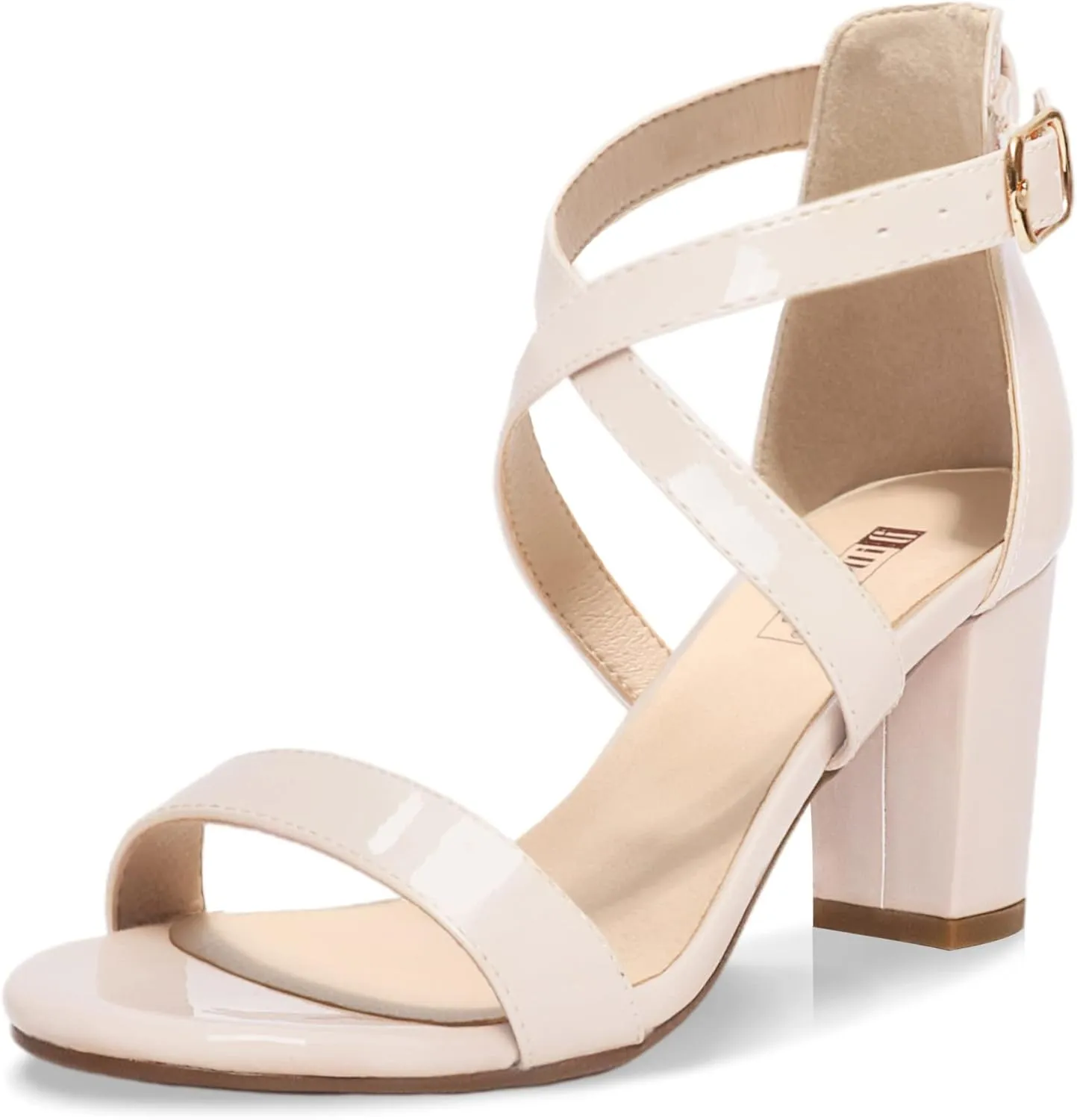 IDIFU Women's IN3 Grace Strappy Block Heels Sandals Comfy Open Toe Chunky Dress Wedding Shoes with Adjustable Cross Strap