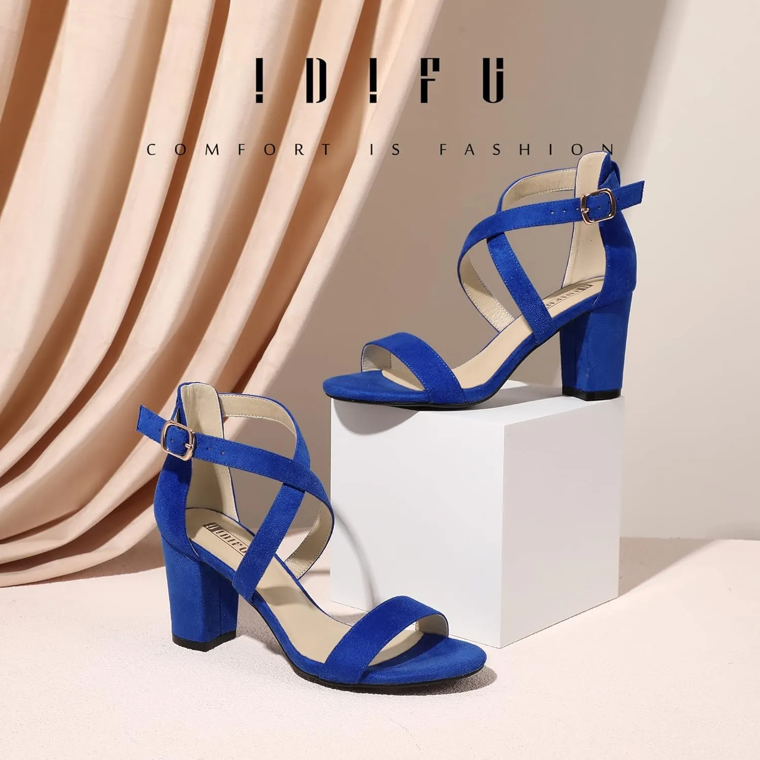 IDIFU Women's IN3 Grace Strappy Block Heels Sandals Comfy Open Toe Chunky Dress Wedding Shoes with Adjustable Cross Strap