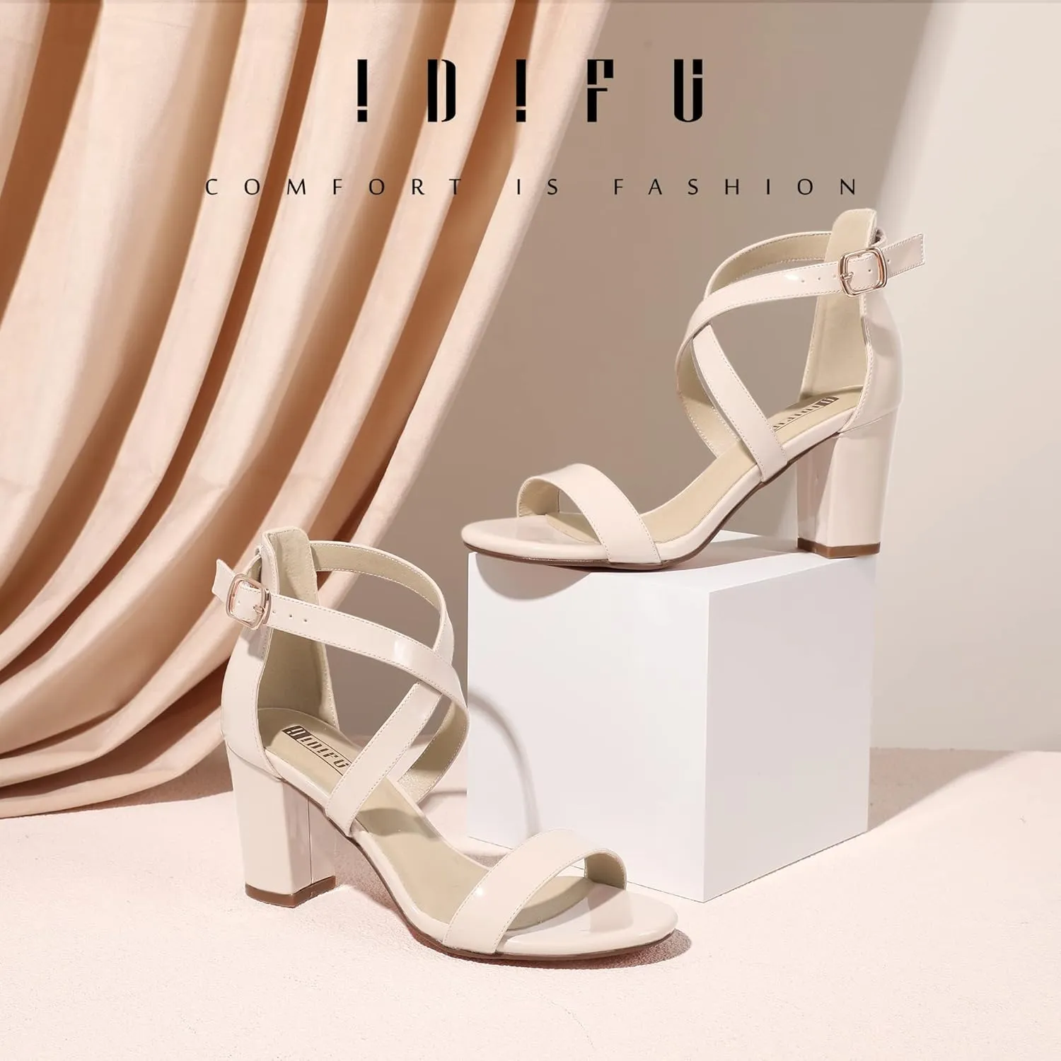 IDIFU Women's IN3 Grace Strappy Block Heels Sandals Comfy Open Toe Chunky Dress Wedding Shoes with Adjustable Cross Strap