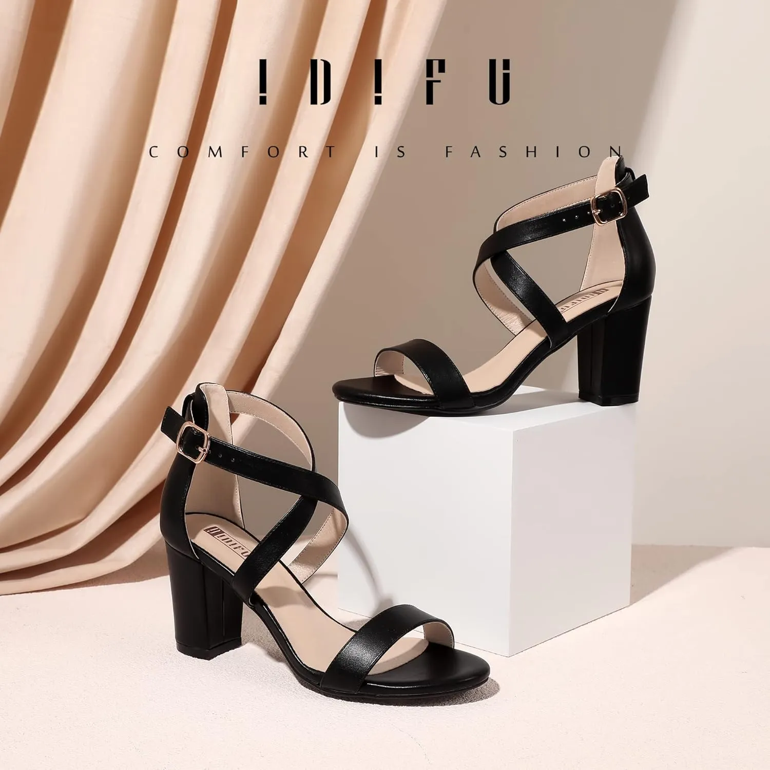 IDIFU Women's IN3 Grace Strappy Block Heels Sandals Comfy Open Toe Chunky Dress Wedding Shoes with Adjustable Cross Strap