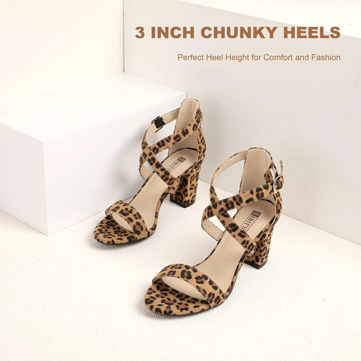 IDIFU Women's IN3 Grace Strappy Block Heels Sandals Comfy Open Toe Chunky Dress Wedding Shoes with Adjustable Cross Strap