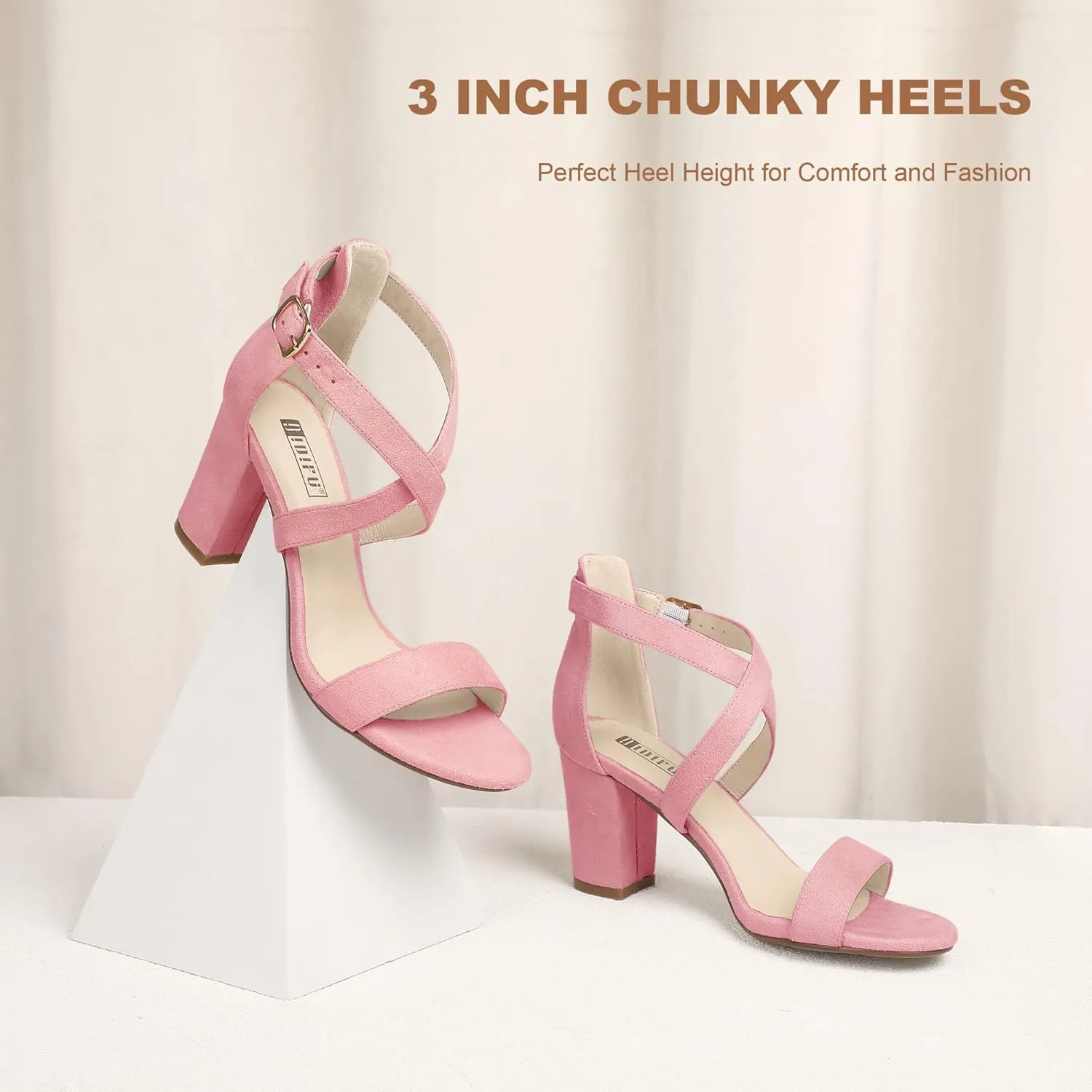 IDIFU Women's IN3 Grace Strappy Block Heels Sandals Comfy Open Toe Chunky Dress Wedding Shoes with Adjustable Cross Strap