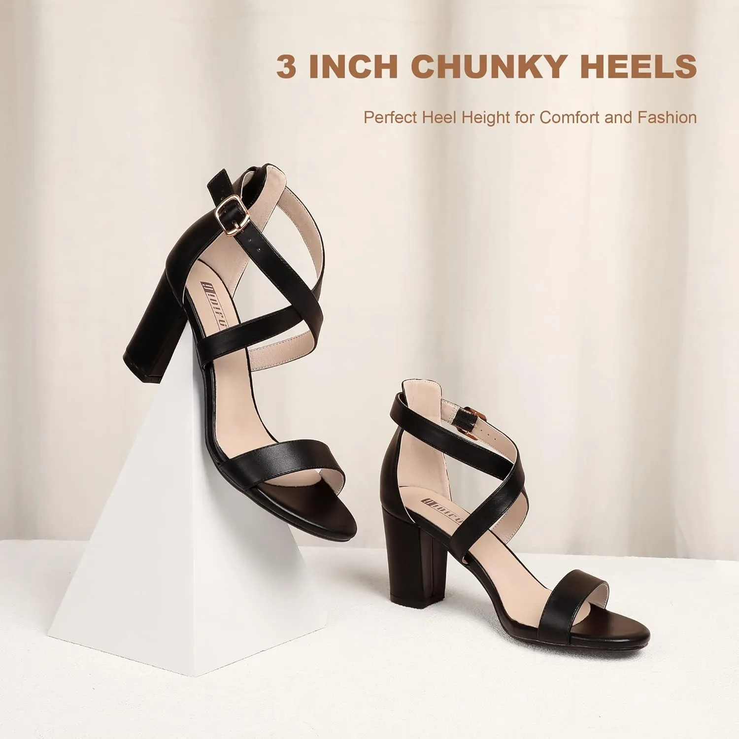 IDIFU Women's IN3 Grace Strappy Block Heels Sandals Comfy Open Toe Chunky Dress Wedding Shoes with Adjustable Cross Strap