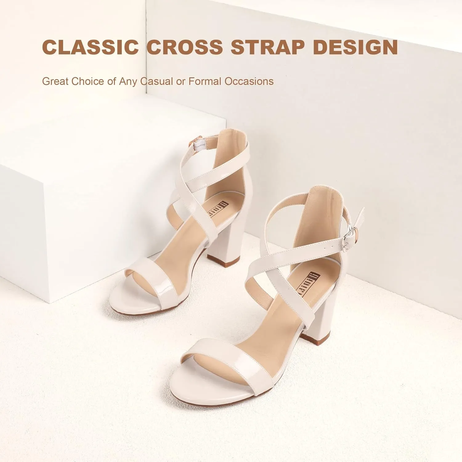 IDIFU Women's IN3 Grace Strappy Block Heels Sandals Comfy Open Toe Chunky Dress Wedding Shoes with Adjustable Cross Strap