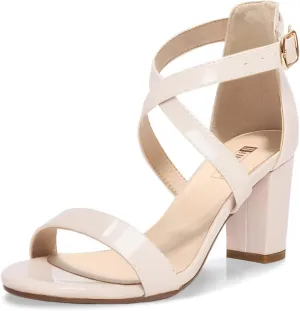 IDIFU Women's IN3 Grace Strappy Block Heels Sandals Comfy Open Toe Chunky Dress Wedding Shoes with Adjustable Cross Strap