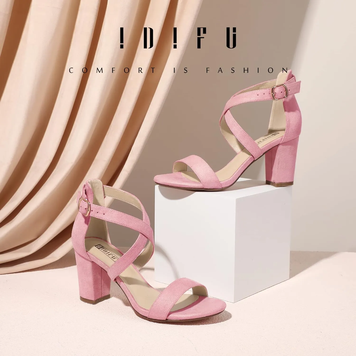 IDIFU Women's IN3 Grace Strappy Block Heels Sandals Comfy Open Toe Chunky Dress Wedding Shoes with Adjustable Cross Strap