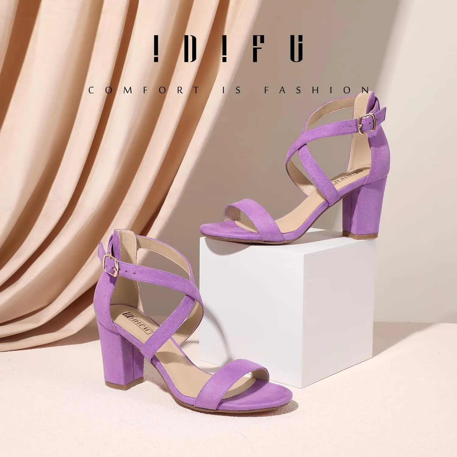 IDIFU Women's IN3 Grace Strappy Block Heels Sandals Comfy Open Toe Chunky Dress Wedding Shoes with Adjustable Cross Strap