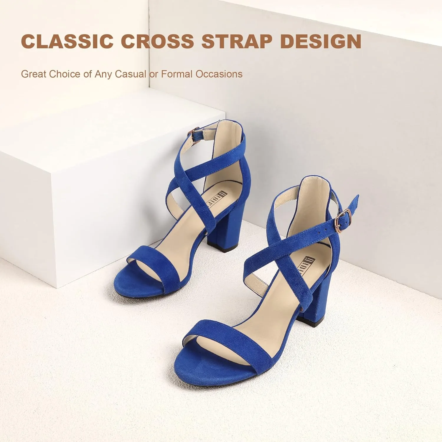 IDIFU Women's IN3 Grace Strappy Block Heels Sandals Comfy Open Toe Chunky Dress Wedding Shoes with Adjustable Cross Strap