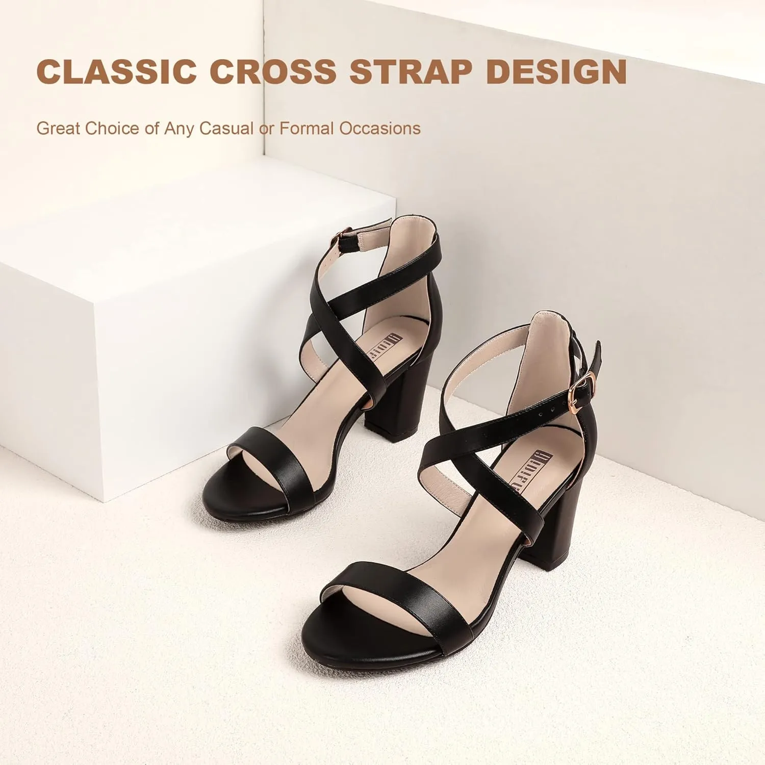 IDIFU Women's IN3 Grace Strappy Block Heels Sandals Comfy Open Toe Chunky Dress Wedding Shoes with Adjustable Cross Strap