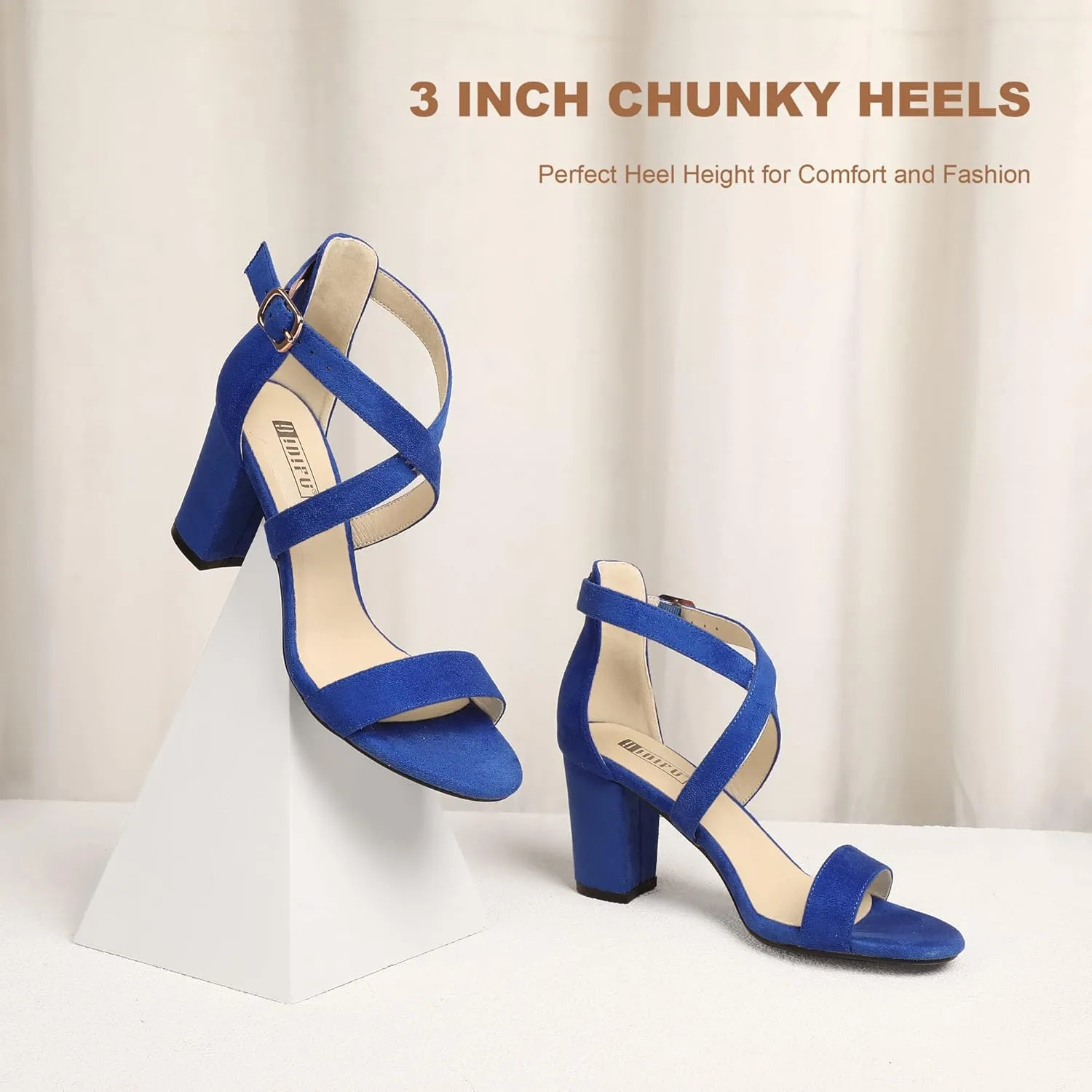 IDIFU Women's IN3 Grace Strappy Block Heels Sandals Comfy Open Toe Chunky Dress Wedding Shoes with Adjustable Cross Strap