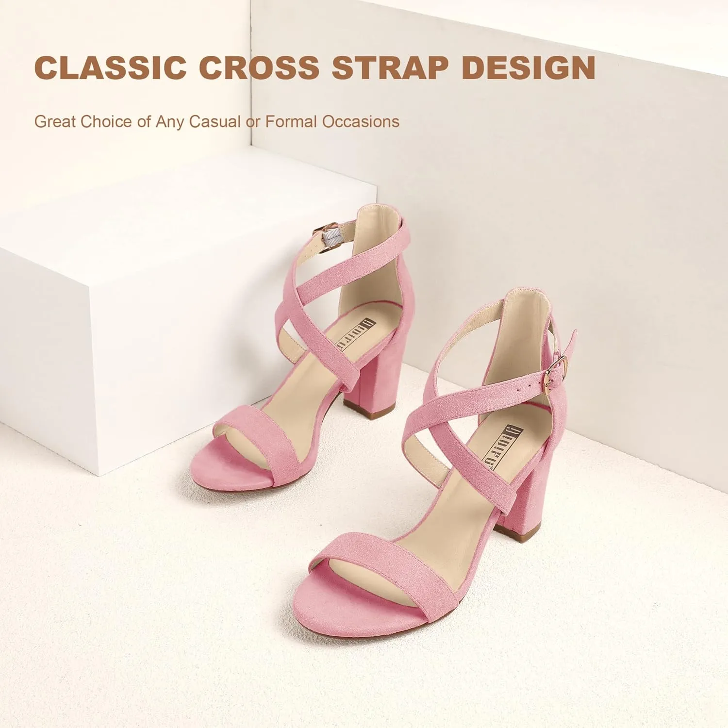 IDIFU Women's IN3 Grace Strappy Block Heels Sandals Comfy Open Toe Chunky Dress Wedding Shoes with Adjustable Cross Strap