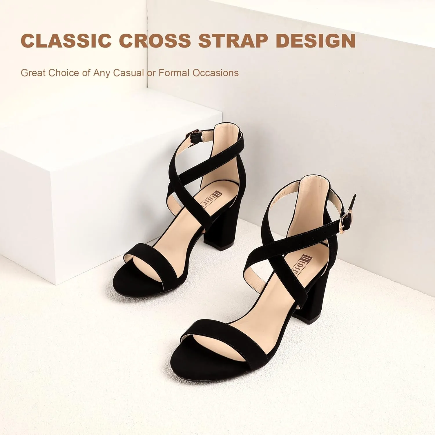 IDIFU Women's IN3 Grace Strappy Block Heels Sandals Comfy Open Toe Chunky Dress Wedding Shoes with Adjustable Cross Strap