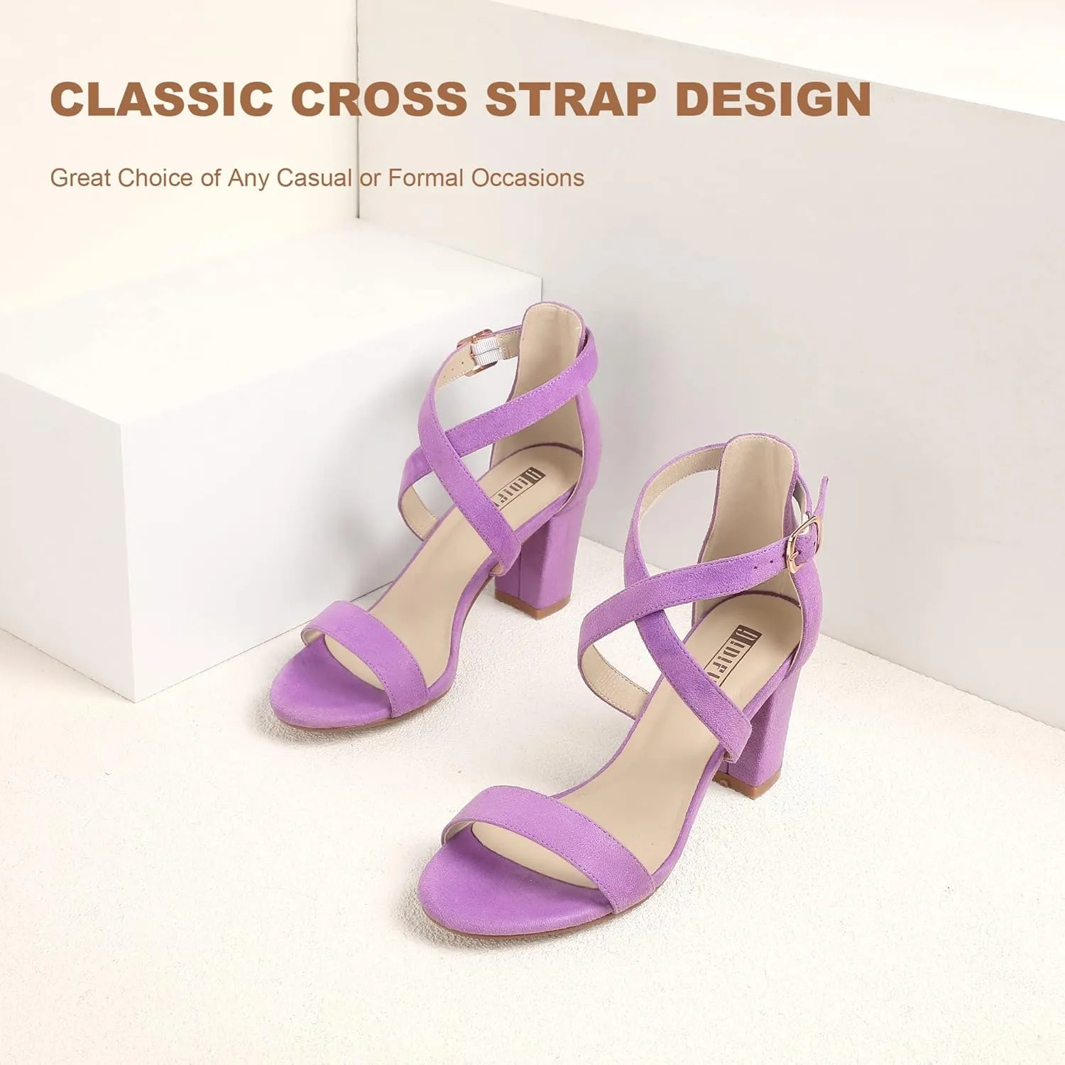 IDIFU Women's IN3 Grace Strappy Block Heels Sandals Comfy Open Toe Chunky Dress Wedding Shoes with Adjustable Cross Strap