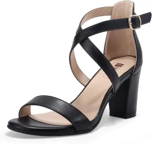 IDIFU Women's IN3 Grace Strappy Block Heels Sandals Comfy Open Toe Chunky Dress Wedding Shoes with Adjustable Cross Strap