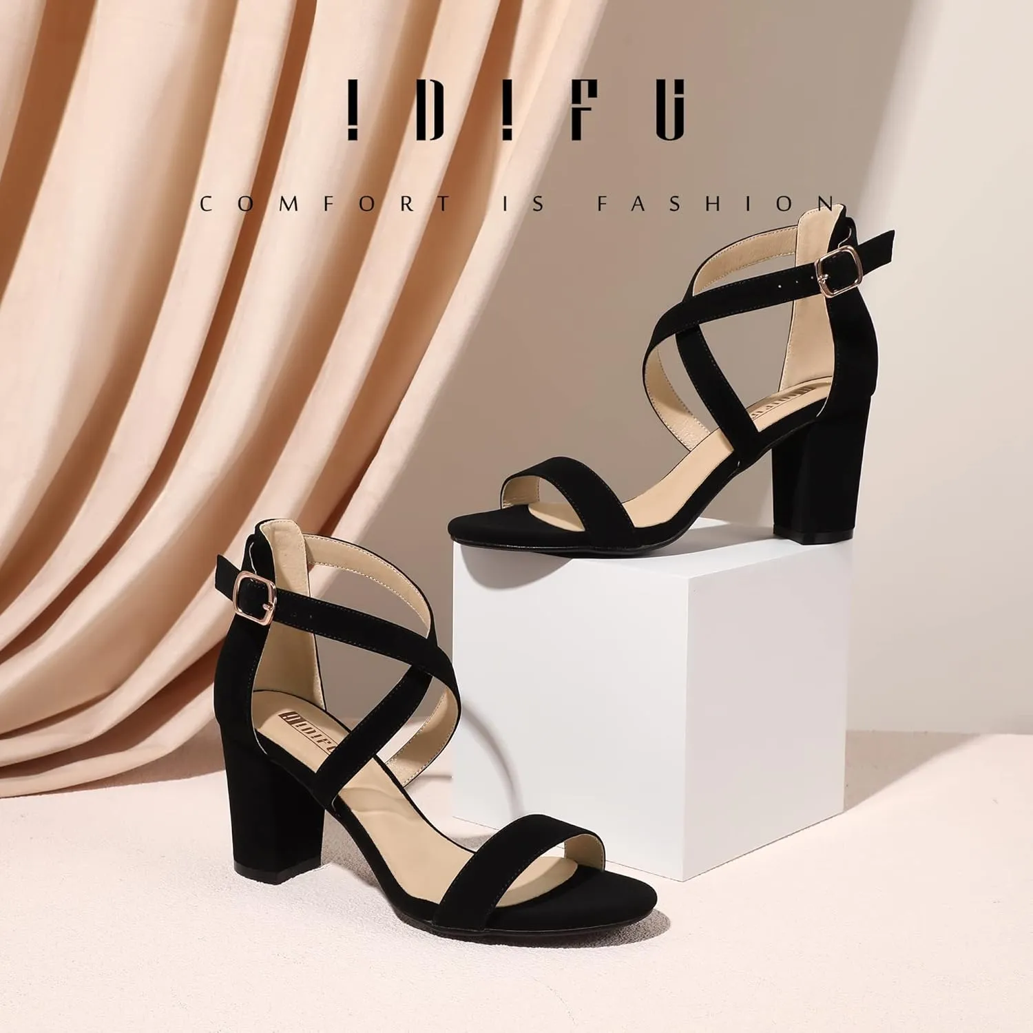 IDIFU Women's IN3 Grace Strappy Block Heels Sandals Comfy Open Toe Chunky Dress Wedding Shoes with Adjustable Cross Strap