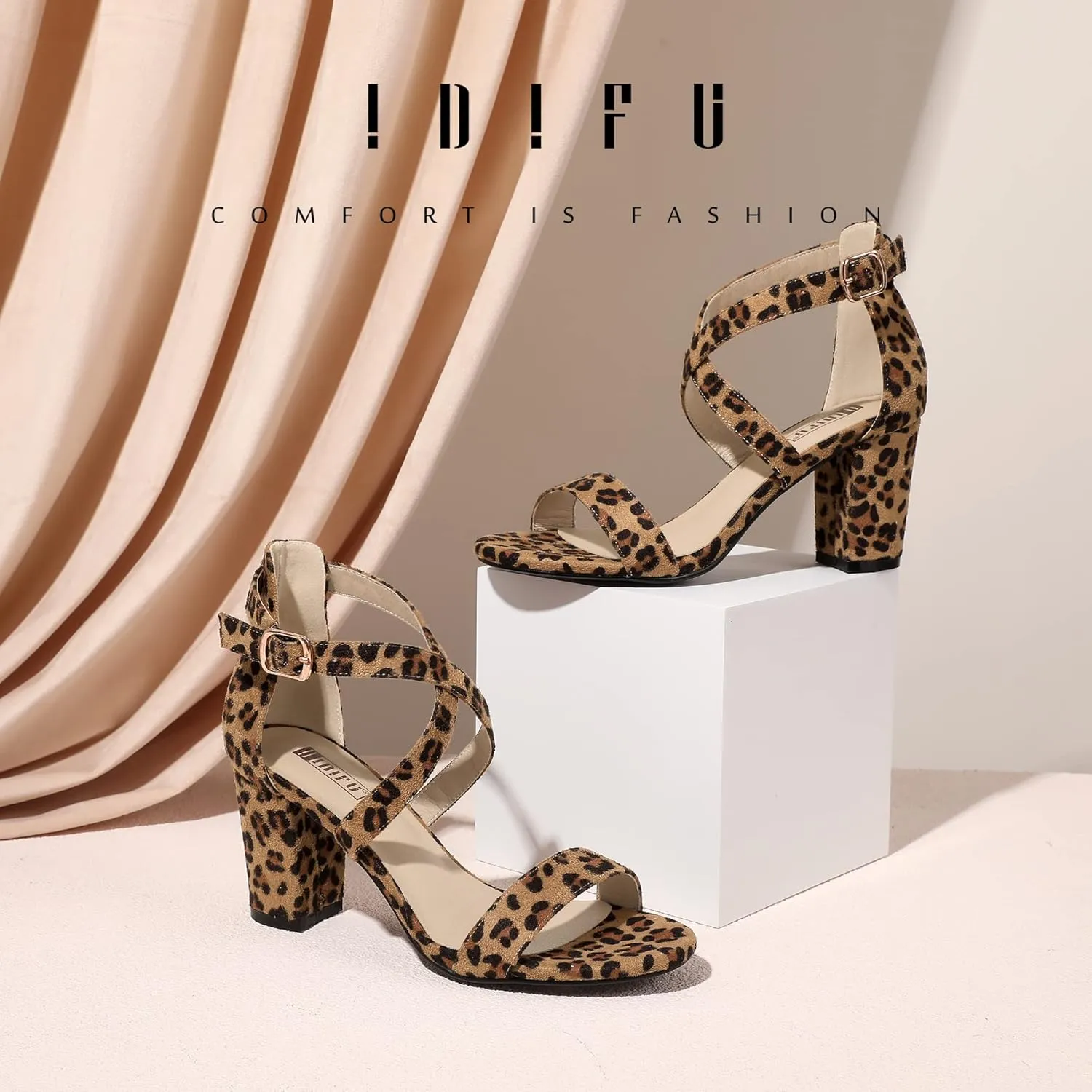 IDIFU Women's IN3 Grace Strappy Block Heels Sandals Comfy Open Toe Chunky Dress Wedding Shoes with Adjustable Cross Strap