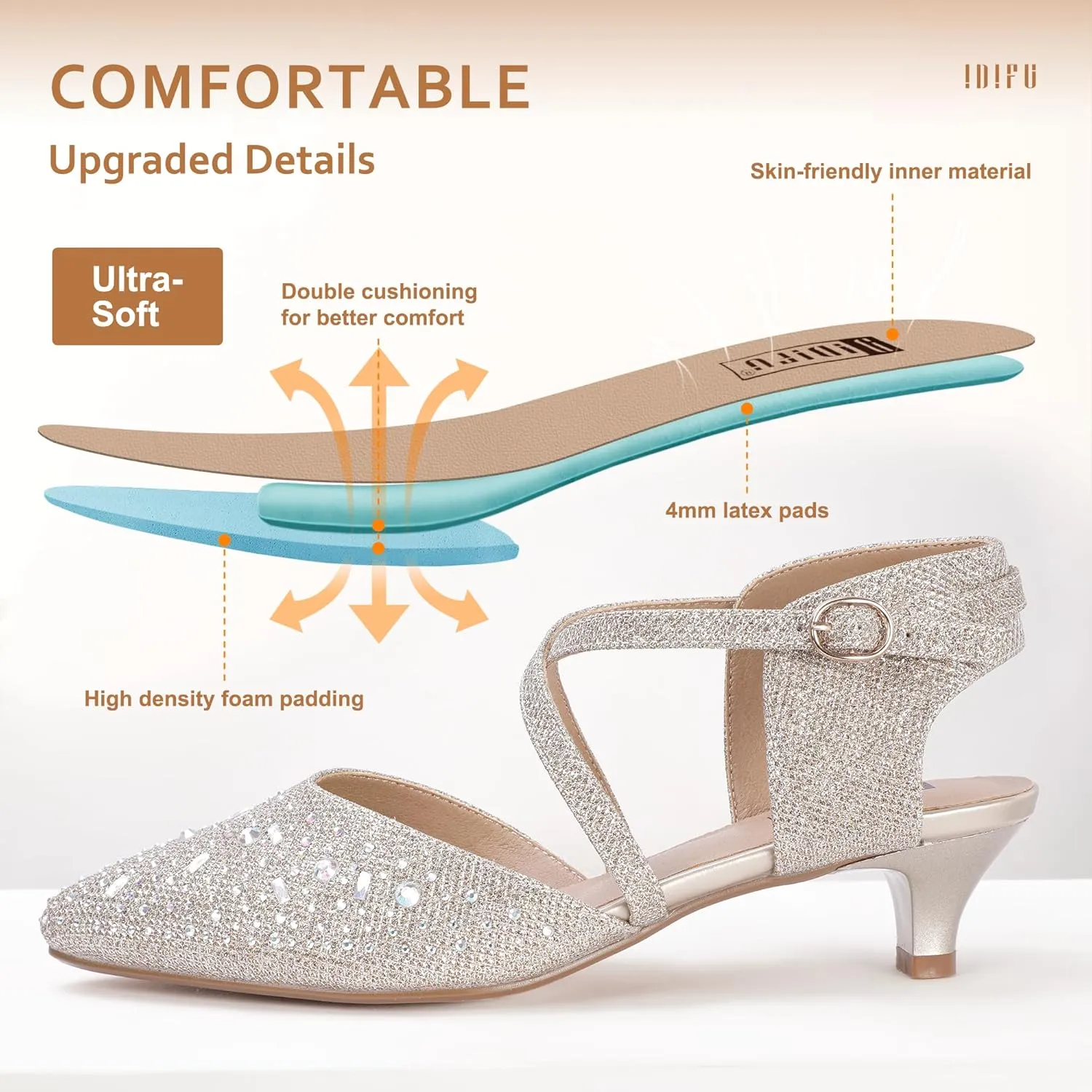 IDIFU Women's Sequins Wedding Kitten Small Heel Shoes Ankle Strap Bridal Bride Dance Dress Shoes - Silver Gold Black