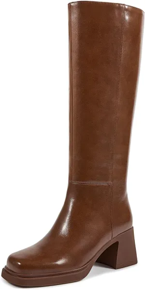 ISNOM Platform Knee High Boots for Women Chunky Heel Boots Long Boots Tall Boots Square Toe With Side Zipper Black Brown Burgundy