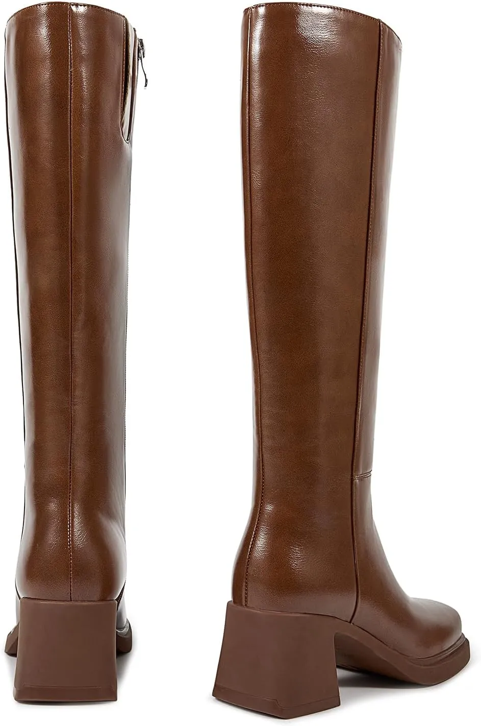 ISNOM Platform Knee High Boots for Women Chunky Heel Boots Long Boots Tall Boots Square Toe With Side Zipper Black Brown Burgundy