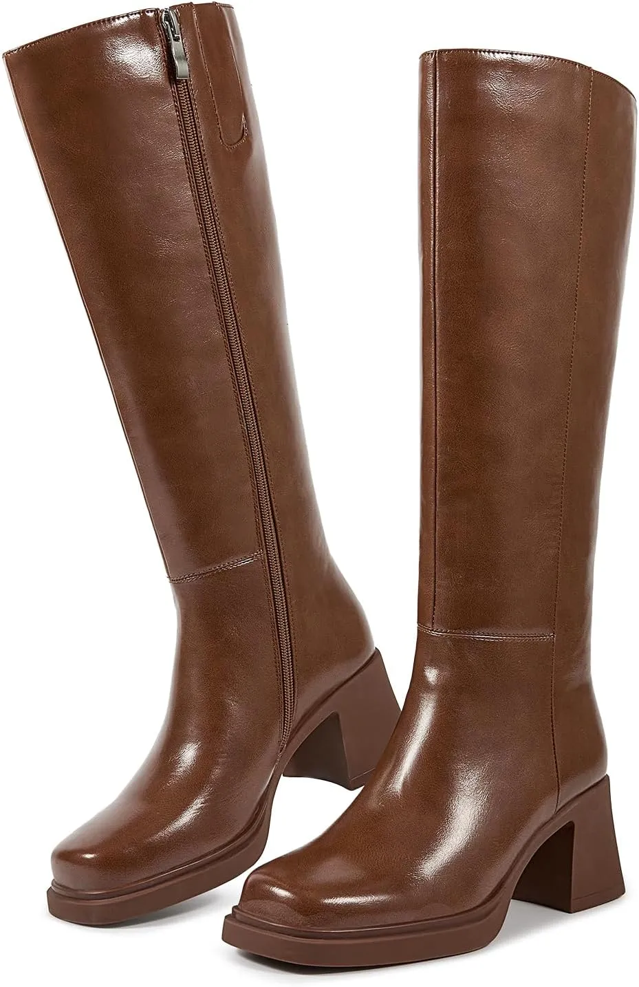 ISNOM Platform Knee High Boots for Women Chunky Heel Boots Long Boots Tall Boots Square Toe With Side Zipper Black Brown Burgundy