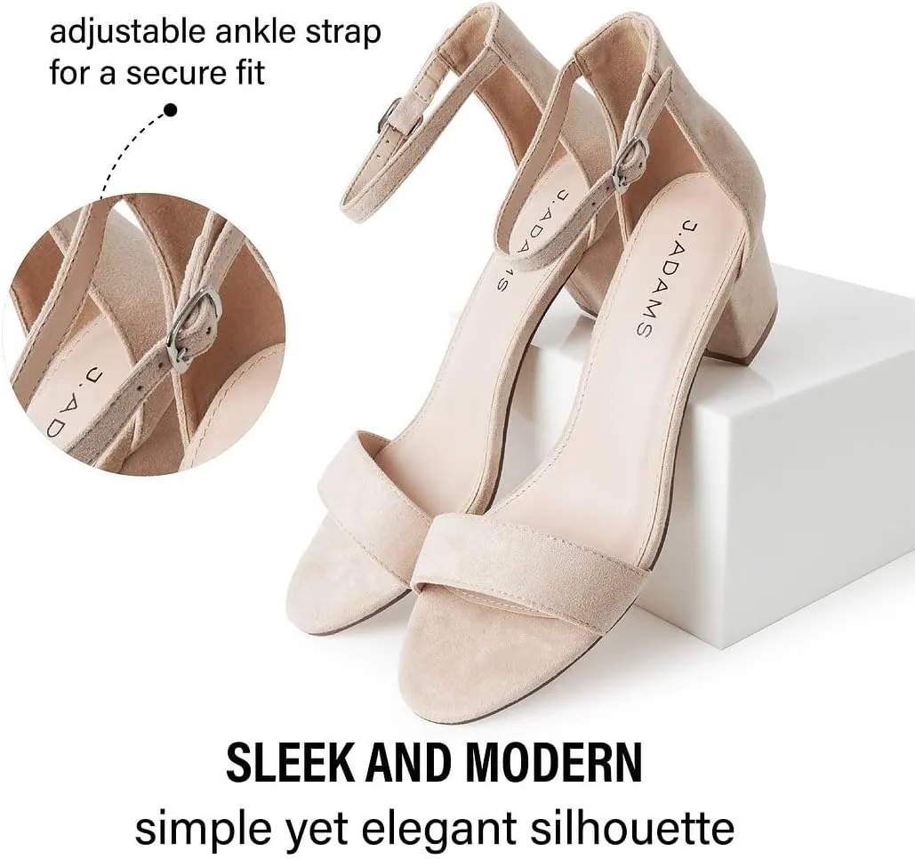 J. Adams Daisy Heeled Sandals - Ankle Strap Low Block, Open Toe Dress Pumps, Chunky Heels - Dressy Shoes for Women - Bridal, Wedding, Summer Sandals